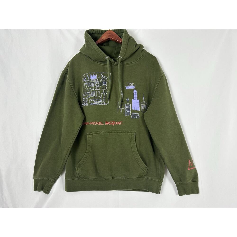 Jean Michel Basquiat Hoodie Pullover Olive Green Spellout Sweatshirt Artwork M